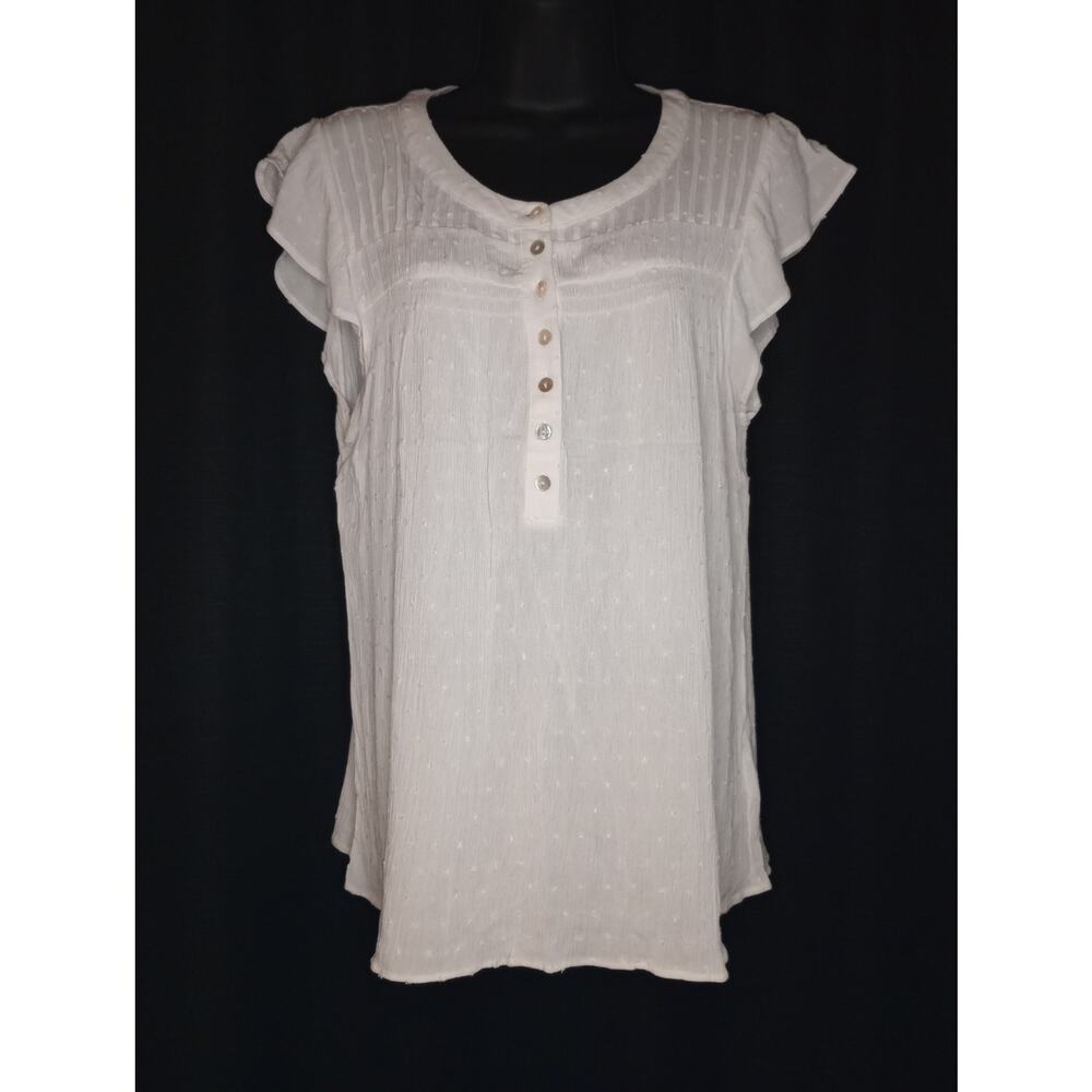 White Linen Gauze Short Sleeve Blouse - Large - Boho Cottage Euro Summer Coastal
